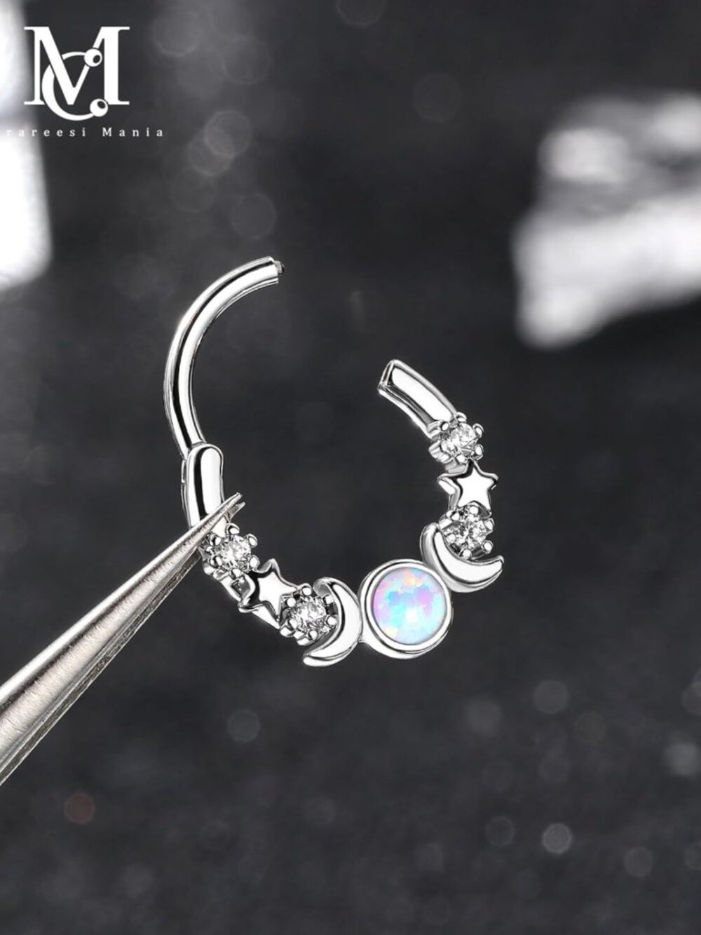 Opal Moon Phase Septum Ring 16G - Stainless Steel Daith Piercing Hoop Jewelry - Picture 4 of 7